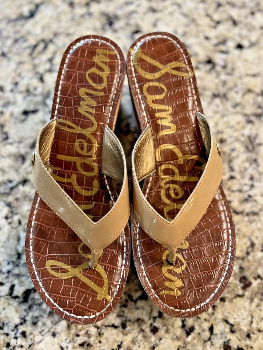 Sam Edelman Tan Patent Thong Sandals with Gold Accents